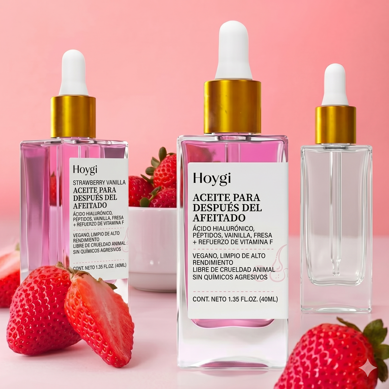 Aceite calmante after shave con fragancia de fresa y vainilla